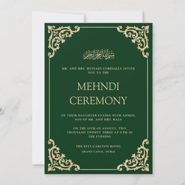 Invitation Élégante cérémonie de Henné Mehndi en or vert orné (Devant)