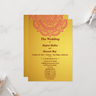 Invitation Élégante cérémonie de Mariage Gold Red Indian Pais