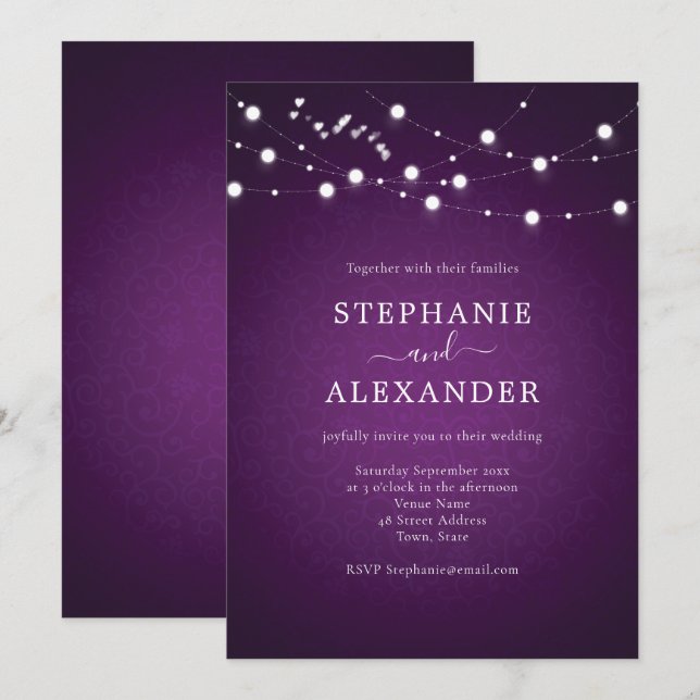 Invitation Élégante Chaîne Lumières Coeurs Mariage violet (Devant / Derrière)