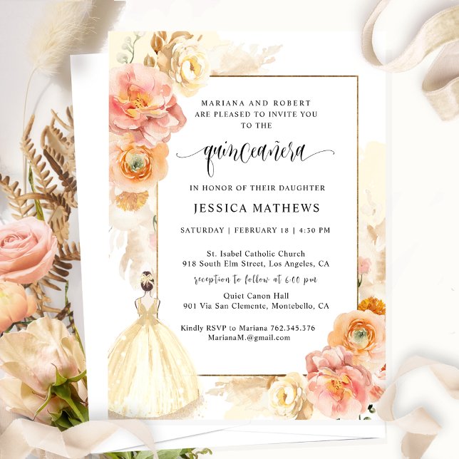 Invitation Elégante Champagne Florale Princesse Quinceañera (Créateur téléchargé)