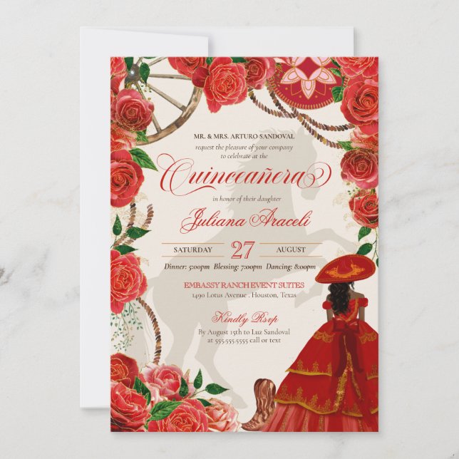 Invitation Elégante Charro Roses Rouges Mariachi Quinceañera (Devant)