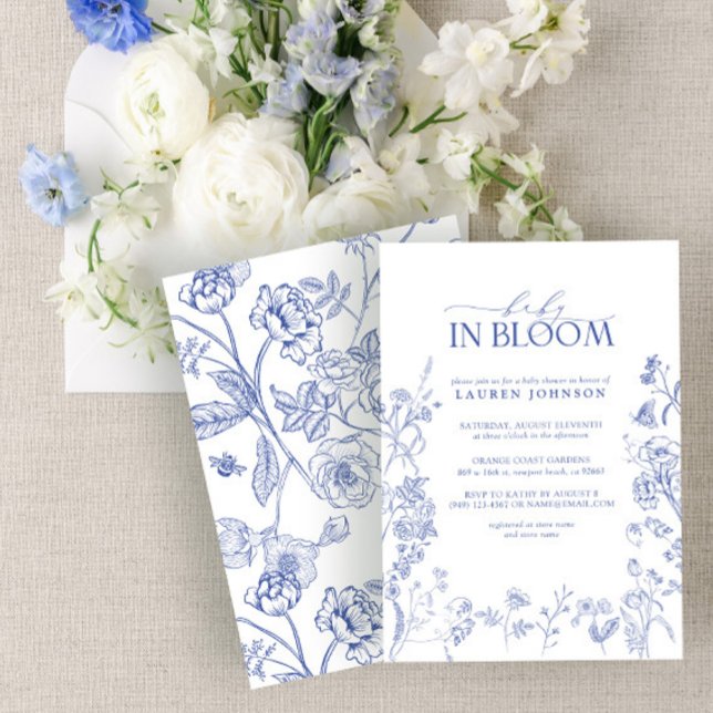 Invitation Élégante Chinoiserie Bleu Floral Baby En Fleur (Créateur téléchargé)