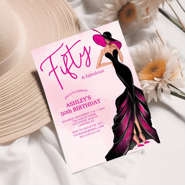 Invitation Elégante Cinquante Fabuleuse Robe Rose 50e Anniver (Créateur téléchargé)