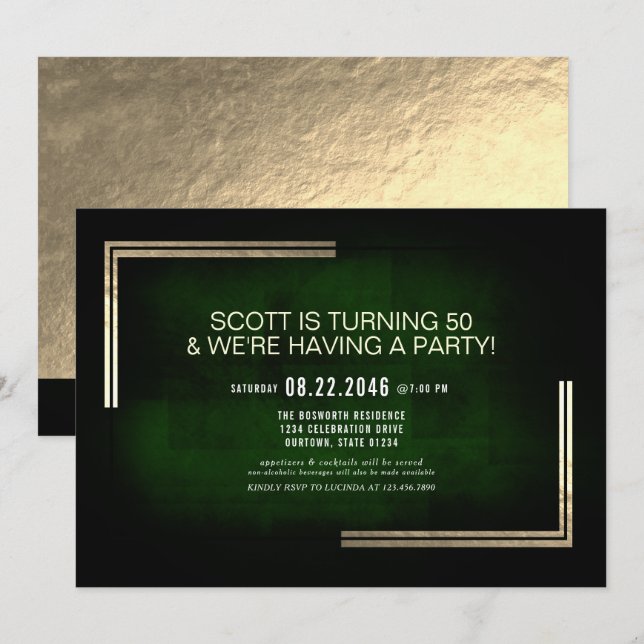 Invitation Elégante Classy Rich Green / Gold fête d'anniversa (Devant / Derrière)