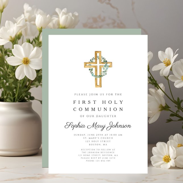 Invitation Élégante communion des Feuilles botaniques (Elegant Botanical Leaves Cross First Communion Invitation)