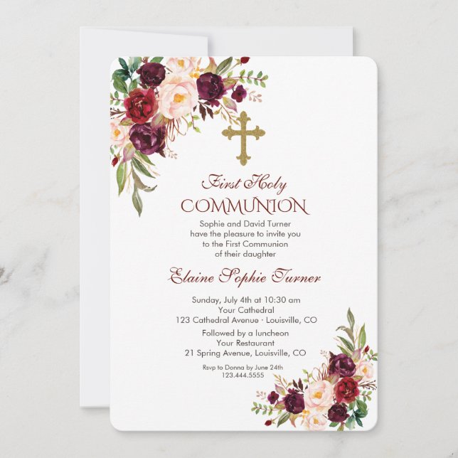 Invitation Élégante communion florale Burgundy Blush (Devant)