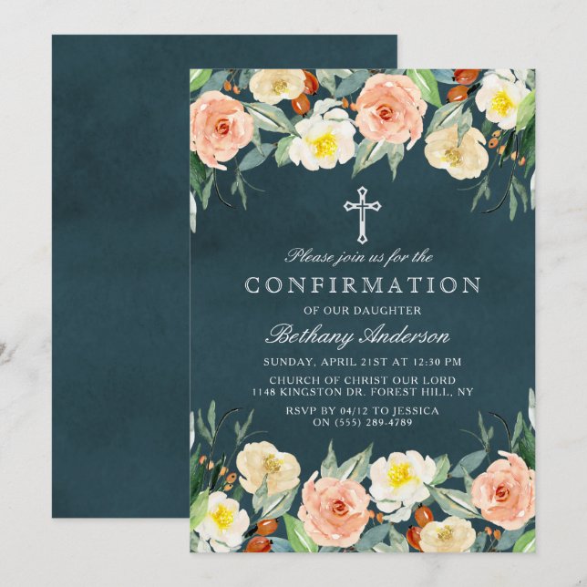 Invitation Élégante Communion Florale Ou Confirmation (Devant / Derrière)