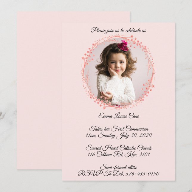 Invitation Élégante communion Holly Pink 1er (Devant / Derrière)