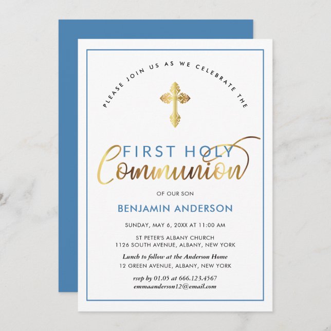 Invitation Élégante Communion Sainte Bleue Et Or (Devant / Derrière)
