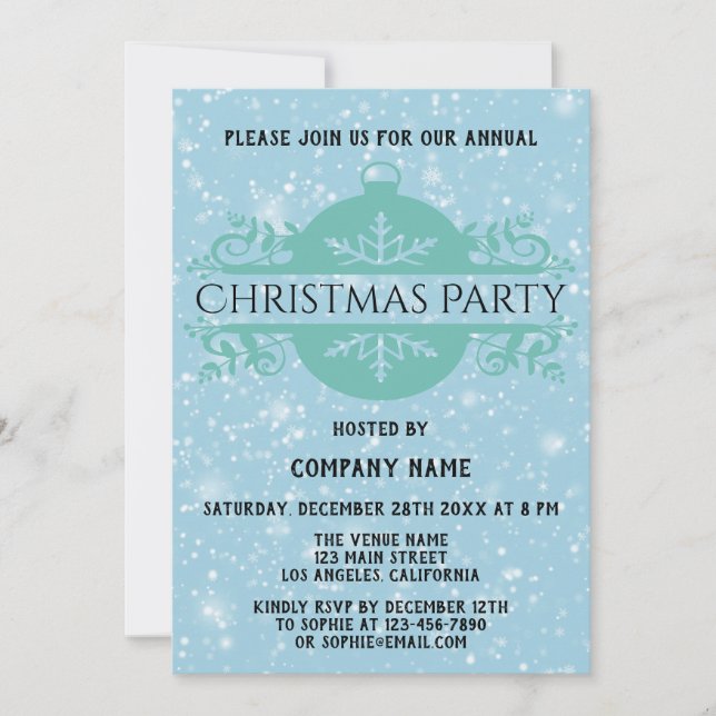 Invitation Elégante Compagnie Bleue Fête de Noël Neige (Devant)