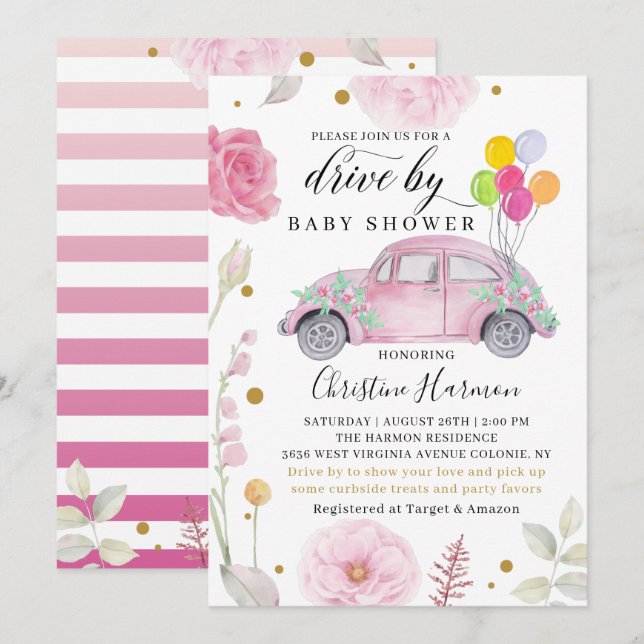 Invitation Elégante Conduite Par Baby shower Parade Rose Flor (Devant / Derrière)