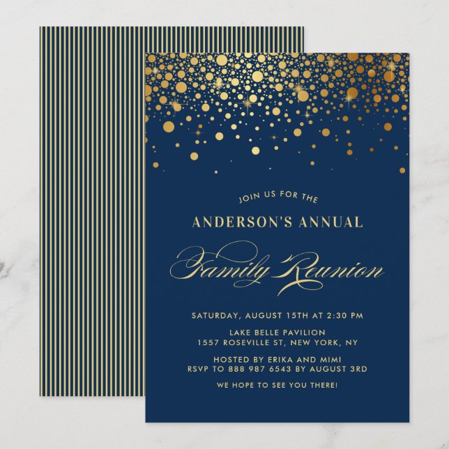 Invitation Elégante Confetti Gold Foil Blue Famille Réunion (Devant / Derrière)