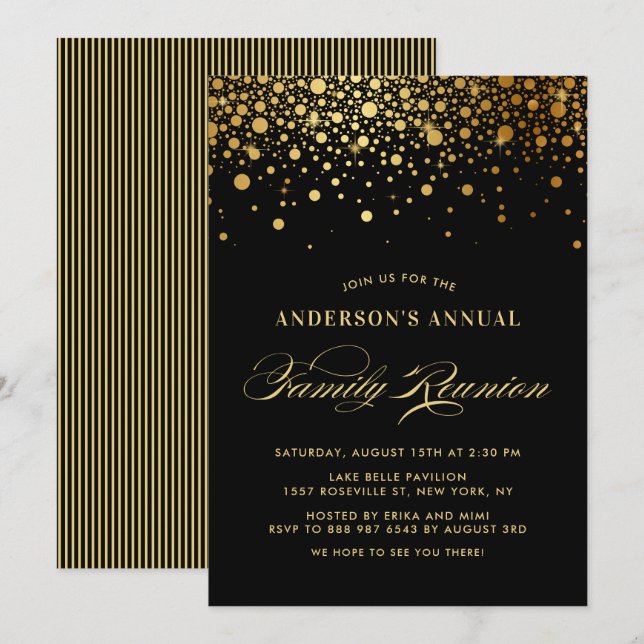 Invitation Elégante Confetti Gold Foil Famille Noire Réunion (Devant / Derrière)