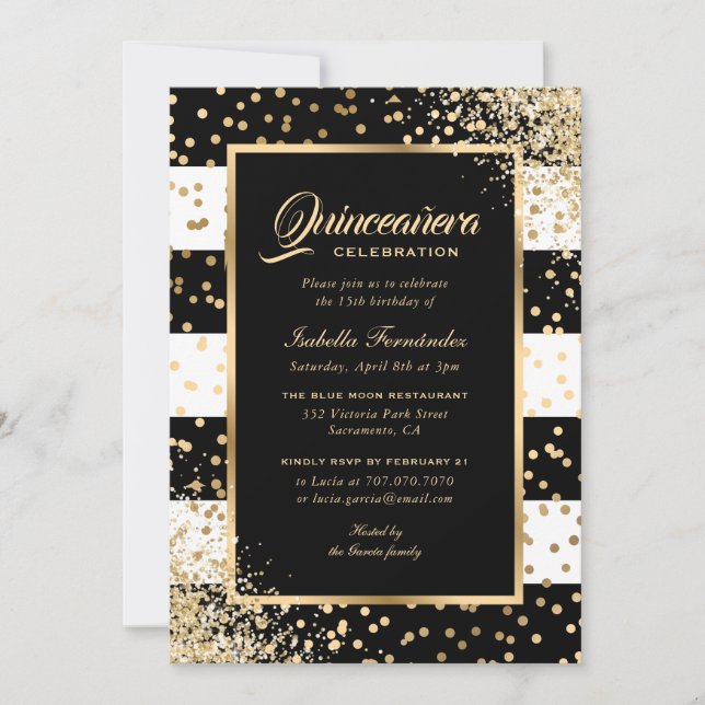 Invitation Elégante Confetti Quinceañera en or noir moderne (Devant)