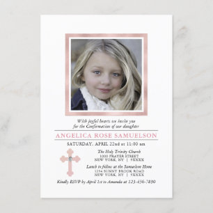 Invitation Élégante Confirmation Croix Rose Girl PHOTO