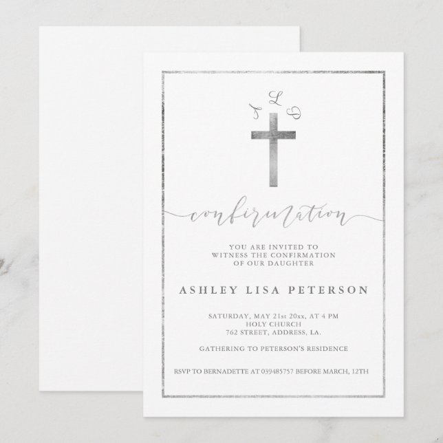 Invitation Élégante confirmation de monogramme de croix argen (Devant / Derrière)