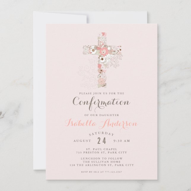 Invitation Elégante confirmation rose pâle nom croisé floral (Devant)