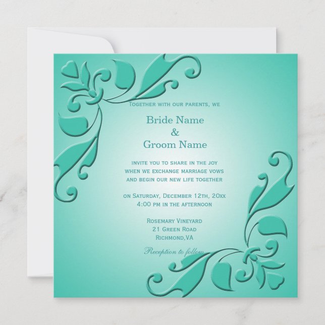 Invitation Élégante, cool turquoise mariage décorative fleuri (Devant)