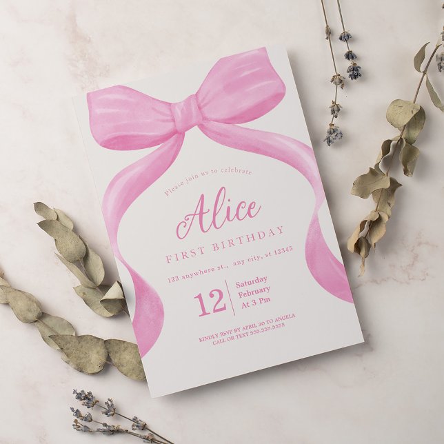 Invitation Elégante Coquette Bow Rose Premier anniversaire fi (Créateur téléchargé)