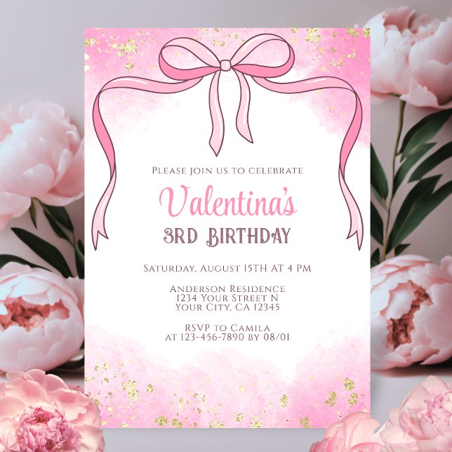 Invitation Elégante Coquette Pink Bow Gold Parties scintillan (Créateur téléchargé)