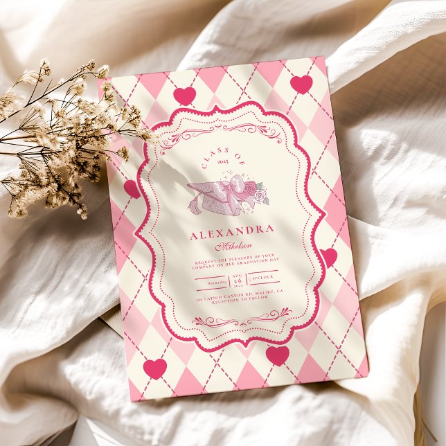 Invitation Élégante Coquette Pink Bow Graduation (Créateur téléchargé)