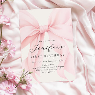 Invitation Élégante Coquette Rose Bow Girl Anniversaire