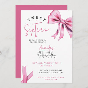 Invitation Élégante Coquette Rose Bow Sweet 16 Anniversaire