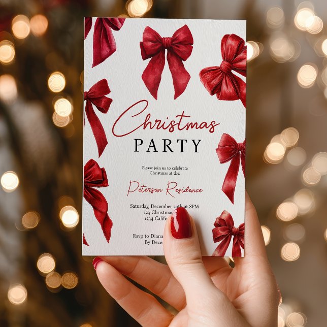 Invitation Élégante coquette rouge annonce Noël (Elegant Red Coquette Bows Christmas Party Invitation)