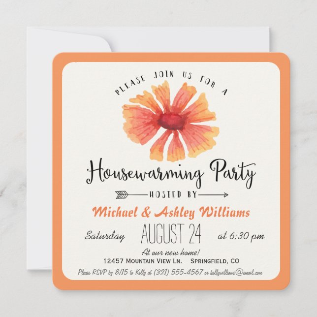 Invitation Elégante Coral Orange Floral Houseécher Party (Devant)
