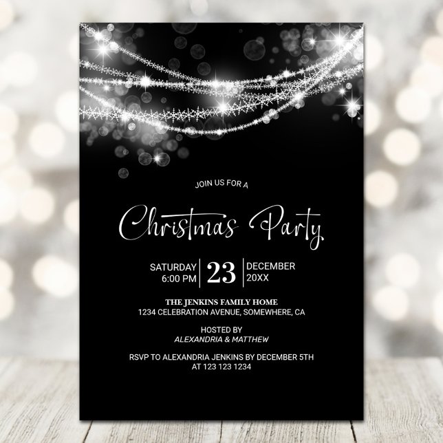 Invitation Élégante cordes illuminant la fête de Noël noire (Créateur téléchargé)