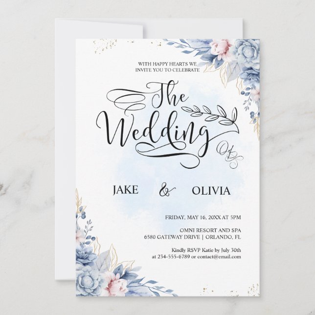 Invitation Elégante couleur bleu azur Mariage floral (Devant)