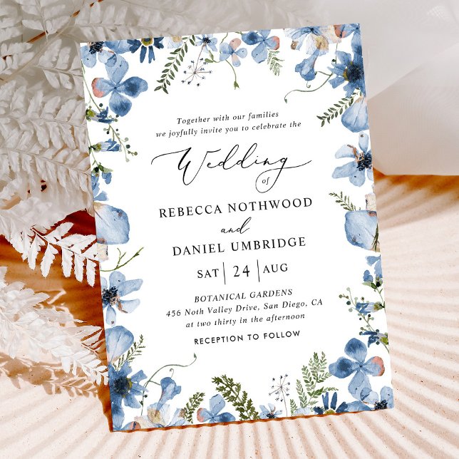 Invitation Elégante couleur bleu azur Mariage floral (Créateur téléchargé)