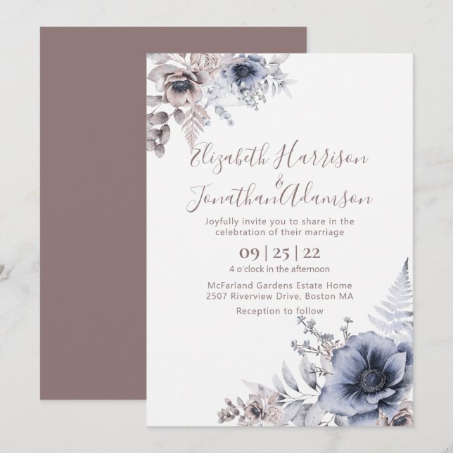 Invitation Elégante couleur bleu azur Mariage floral (Devant / Derrière)