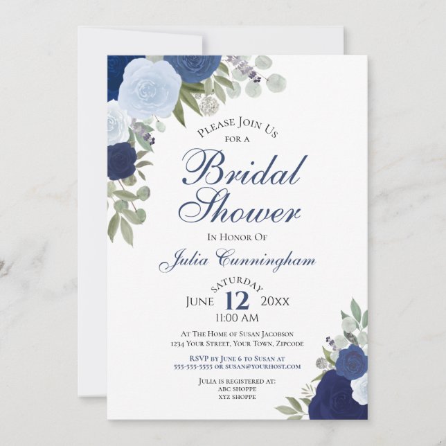 Invitation Elégante couleur bleu Boho Fête des mariées floral (Devant)