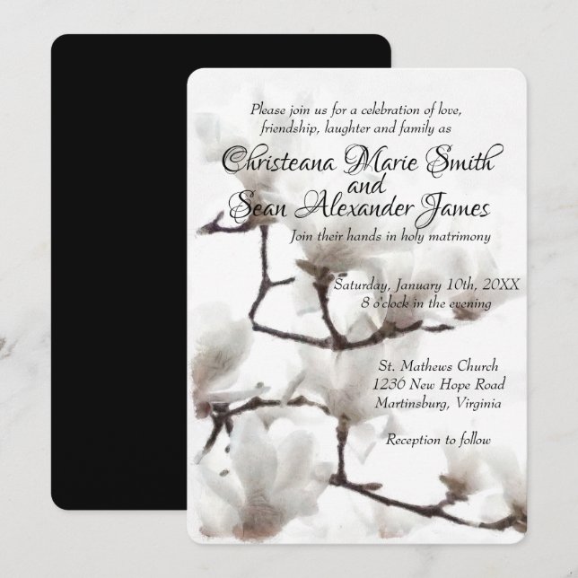 Invitation Elégante couleur florale de Magnolia noir et blanc (Devant / Derrière)