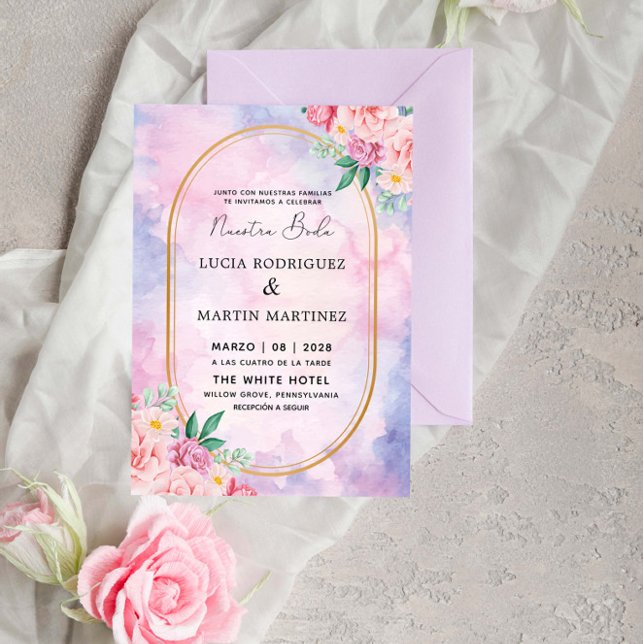 Invitation Elégante couleur or floral pourpre Aquarelle Nuest (Créateur téléchargé)