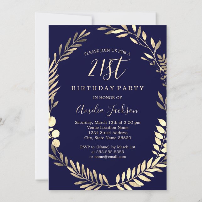 Invitation Elégante couleur or marine 21e anniversaire (Devant)