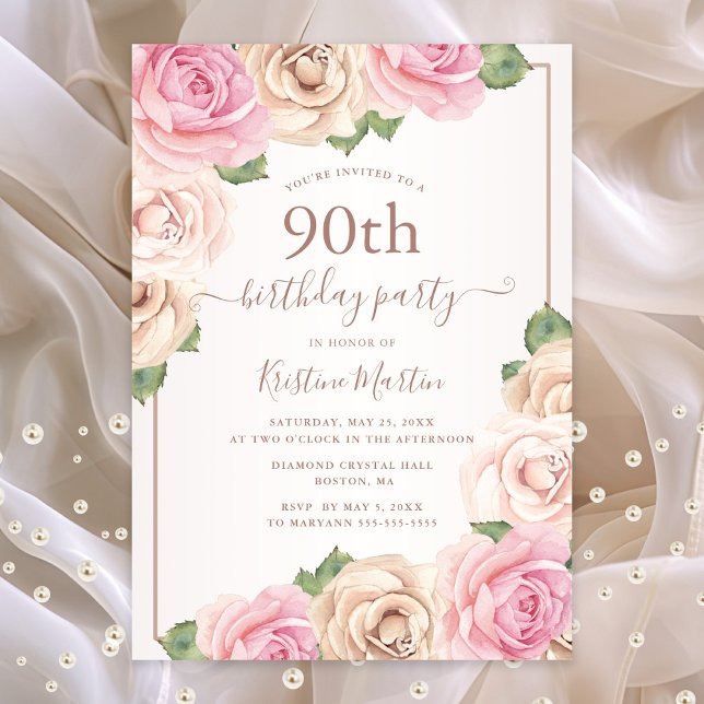 Invitation Elégante couleur or Rose couleur or florale 90e an (90th birthday party invitation with pink roses)