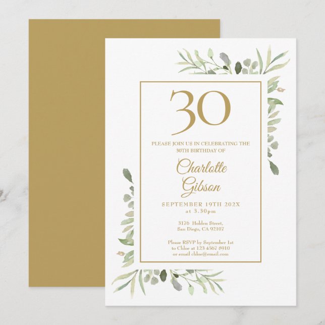 Invitation Elégante couleur or Verdure 30e anniversaire (Devant / Derrière)