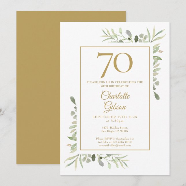 Invitation Elégante couleur or Verdure 70e anniversaire (Devant / Derrière)