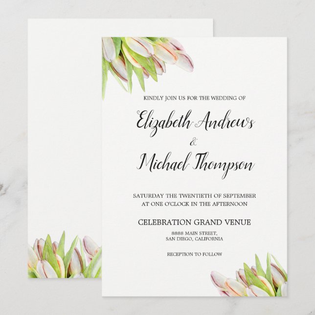Invitation Elégante couleur rose et vert Mariage tulipe (Devant / Derrière)