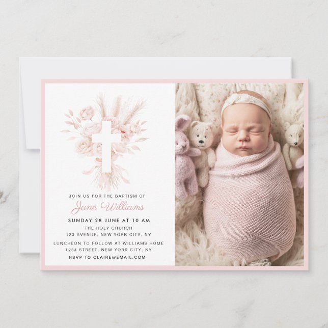 Invitation Elégante couleur rose poussiéreuse flores Baptême (Devant)
