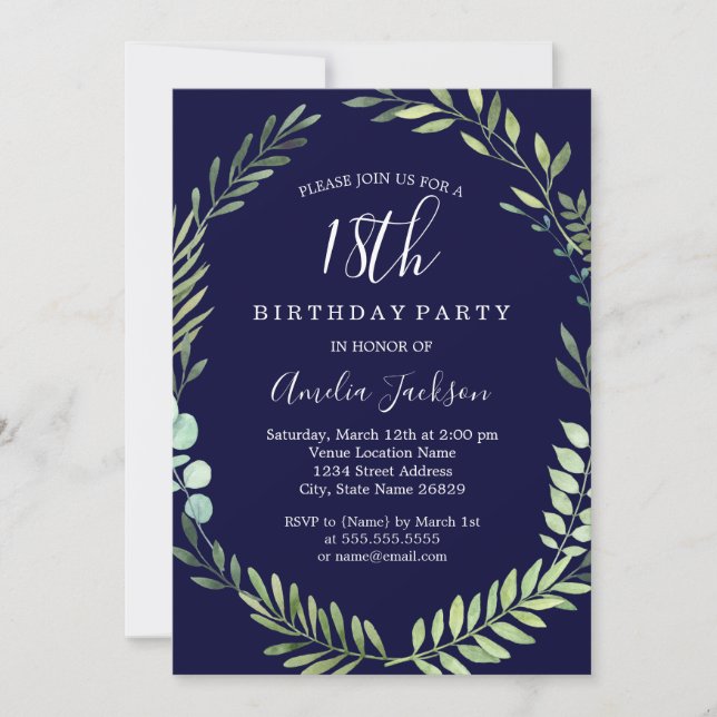 Invitation Elégante couleur verte marine 18e anniversaire (Devant)