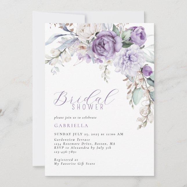 Invitation Elégante couleur violet Fête des mariées florale (Devant)