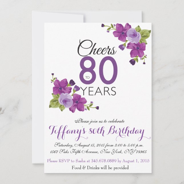 Invitation Élégante couleur violet Fleur de peinture 80e anni (Devant)