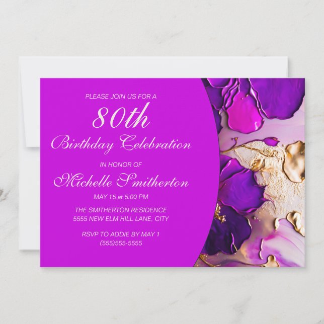 Invitation Élégante couleur violet rose or Fleurs 80e anniver (Devant)