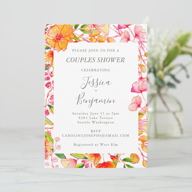 Invitation Elégante Couples Botaniques Rose Orange Douche (Debout devant)