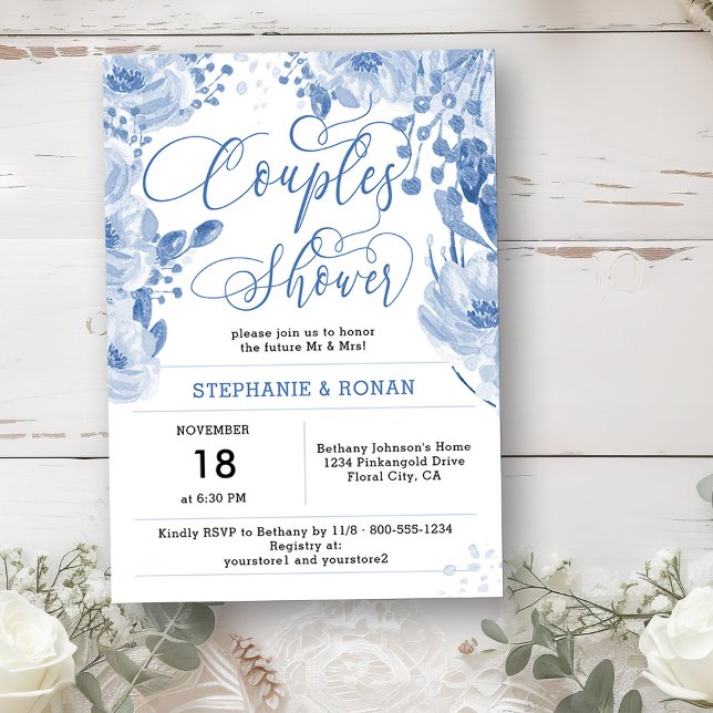 Invitation Elégante Couples Floral Bleu Dusty Douche (Couples Shower Invitation from my Dusty Blue Watercolor Floral Bridal Shower)