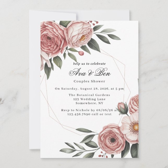 Invitation Elégante Couples Florales Peintes rose-Bleu Douche (Devant)