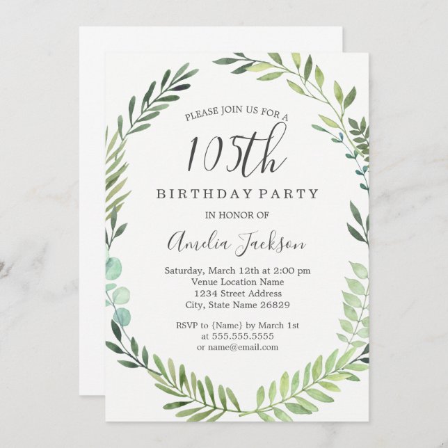 Invitation Elégante couronne d'aquarelle verte 105e anniversa (Devant / Derrière)